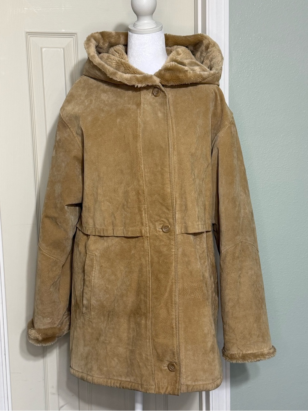 Vintage J.G. Hook Medium Women's Leather Hooded Faux Shearling Teddy Jacket Tan
